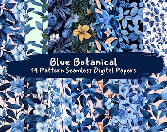 Blue Botanical Pattern Seamless Digital Papers - printable scrapbook paper instant download, commercial use, 300dpi