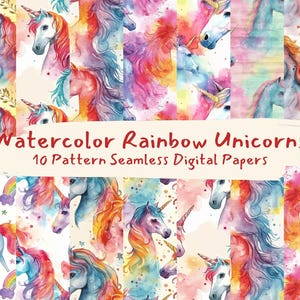 Watercolor Rainbow Unicorns Pattern Seamless Digital Papers - printable scrapbook paper png instant download commercial use 300dpi