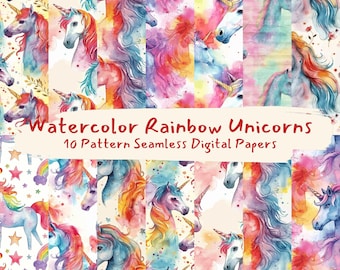 Watercolor Rainbow Unicorns Pattern Seamless Digital Papers - printable scrapbook paper png instant download commercial use 300dpi