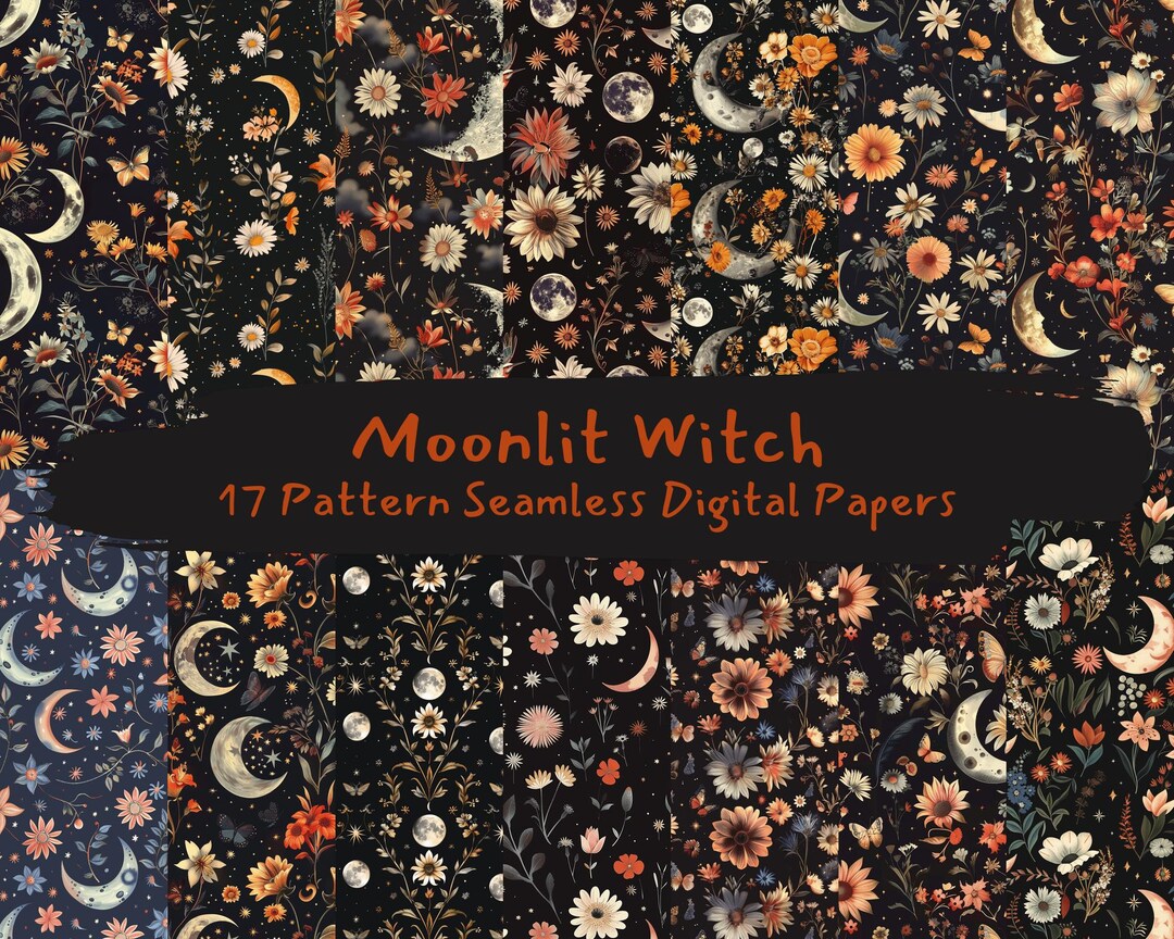 Moonlit Witch Pattern Seamless Digital Papers - Printable Scrapbook ...
