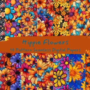 Hippie Flowers Pattern Seamless Digital Papers - printable scrapbook paper png instant download commercial use 300dpi