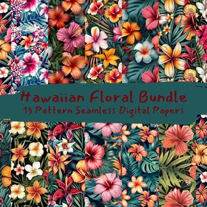 May include: A digital paper bundle featuring 13 seamless patterns with tropical flowers and foliage in vibrant colors like red, pink, yellow, orange, and green. The patterns are perfect for crafting, scrapbooking, and digital design projects.
