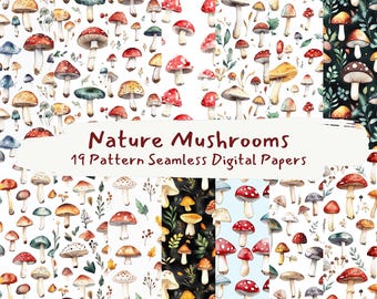 Nature Mushrooms Pattern Seamless Digital Papers - printable scrapbook paper png instant download commercial use 300dpi