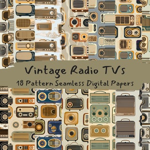 Padrão de rádio e TV vintage, papéis digitais sem costura - papel para scrapbook para impressão, download instantâneo, uso comercial, 300 dpi