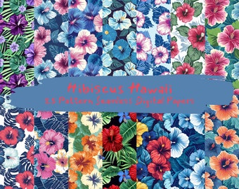 Hibiscus Hawaii Pattern Seamless Digital Papers - printable scrapbook paper instant download, commercial use, 300dpi