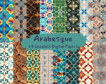 May include: 24 digital papers with intricate arabesque patterns in a variety of colors, including blue, green, red, yellow, and white. The patterns are geometric and feature repeating motifs.