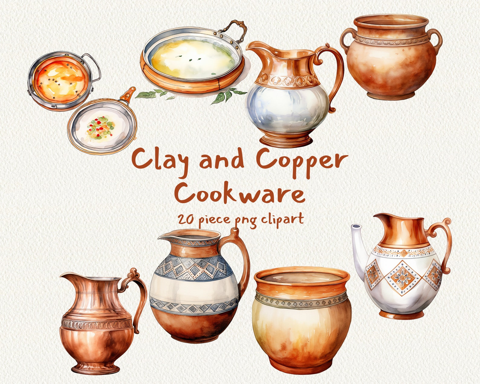 Clay Copper Cookware, Digital Printable Clip Art Graphics in PNG Format ...
