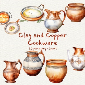 May include: A collection of 20 watercolour illustrations of clay and copper cookware. The set includes various pots, pans, and pitchers in shades of brown, copper, and blue with intricate designs.