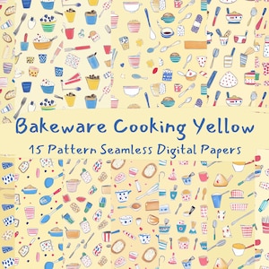 May include: A set of 15 digital paper patterns featuring a yellow background with various kitchenware items, including bowls, cups, spoons, and other baking tools. The text "Bakeware Cooking Yellow 15 Pattern Seamless Digital Papers" is displayed at the bottom of the image.