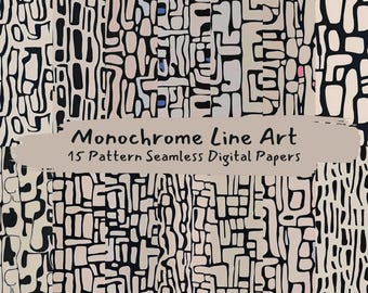 Monochrome Line Art Pattern Seamless Digital Papers - printable scrapbook paper png instant download commercial use 300dpi