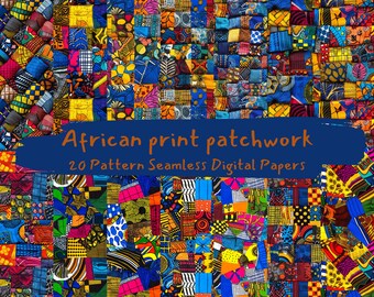 May include: A digital paper pack featuring 20 colorful African print patchwork designs. The patterns are vibrant and geometric, with a mix of colors and textures. The text "African print patchwork" and "20 Pattern Seamless Digital Papers" is displayed on a blue background.