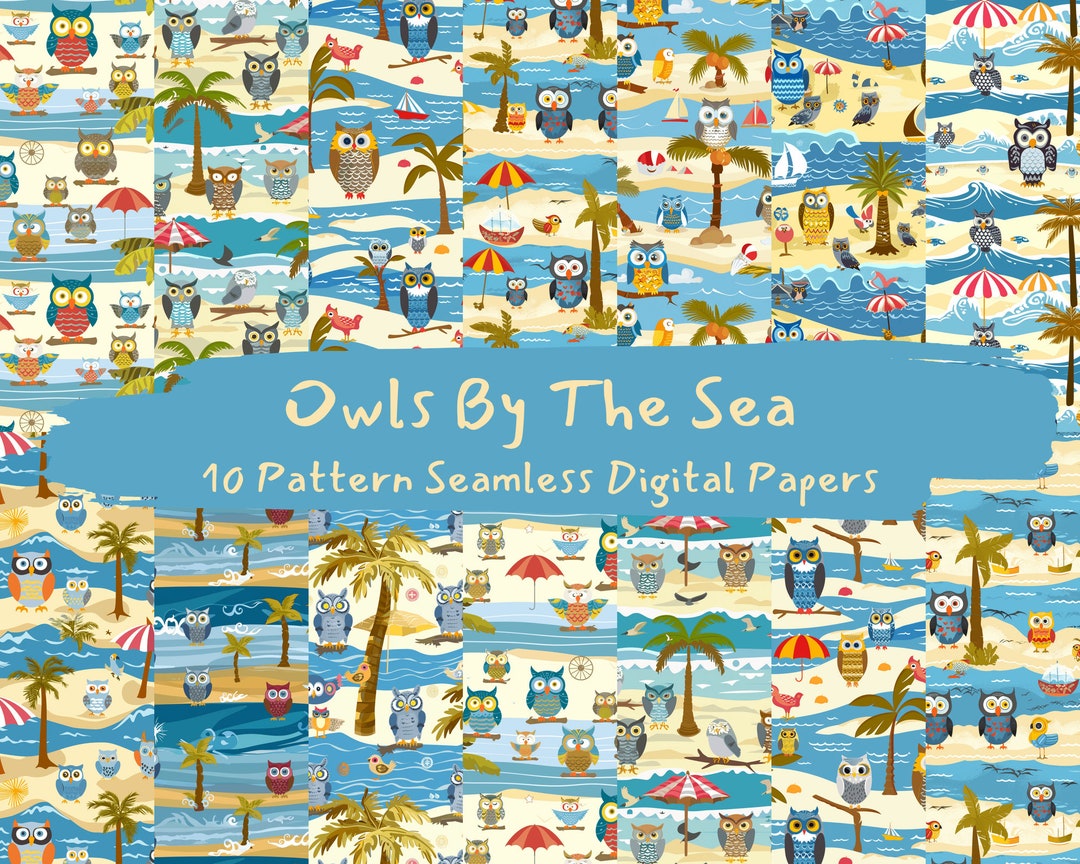 Owls by the Sea Pattern Seamless Digital Papers - Printable Scrapbook ...