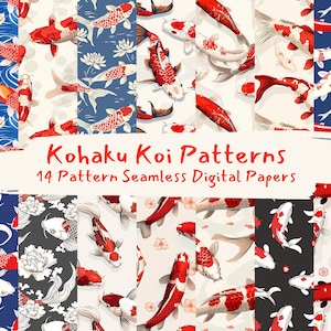 May include: A set of 14 digital paper patterns featuring red and white Koi fish in various poses and designs. The patterns include floral elements, waves, and geometric shapes. The text "Kohaku Koi Patterns 14 Pattern Seamless Digital Papers" is displayed at the bottom of the image.