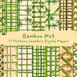 May include: A digital paper pack with 17 seamless patterns featuring various designs of green bamboo woven into nets. The text "Bamboo Net 17 Pattern Seamless Digital Papers" is displayed on a beige background.