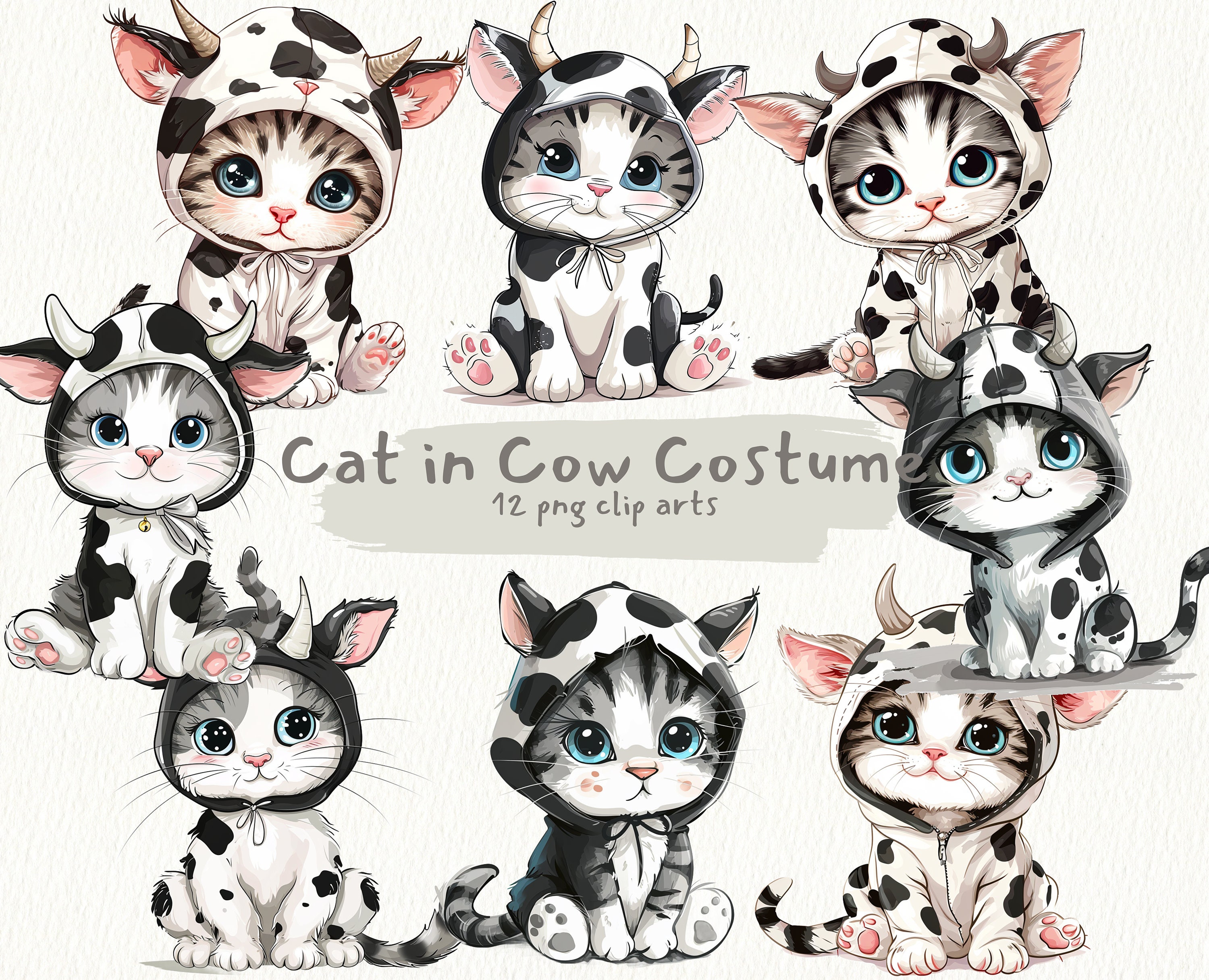 Cat in Cow Costume Digital Printable Clip Art Graphics in PNG Format Transparent Instant Download for Commercial Use Etsy