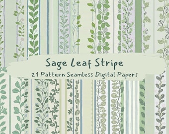 Sage Leaf Stripe Pattern Seamless Digital Papers - printable scrapbook paper png instant download commercial use 300dpi