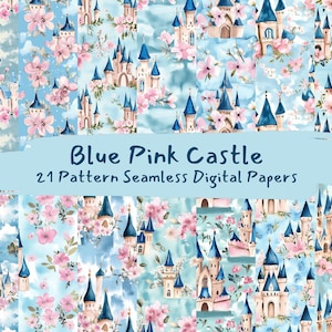 Blue Pink Castle Pattern Seamless Digital Papers - printable scrapbook paper png instant download commercial use 300dpi