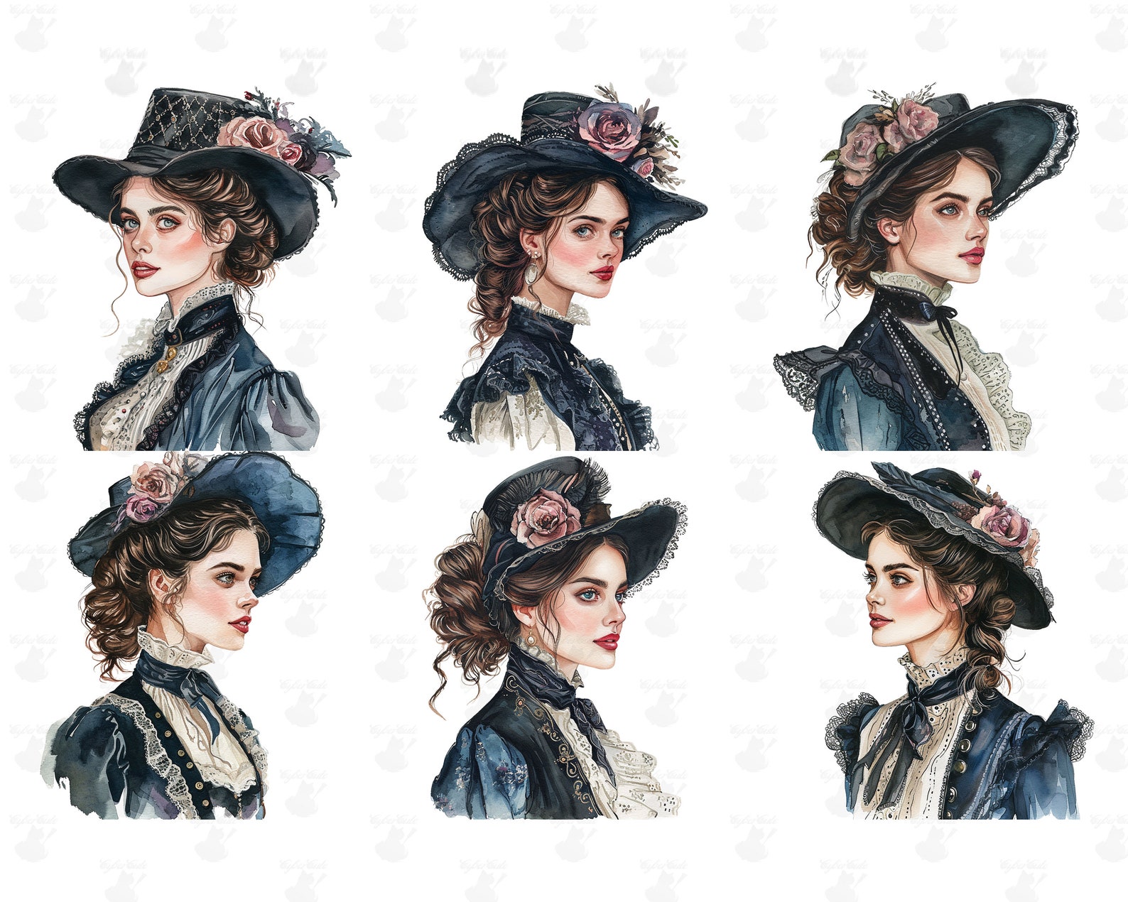 Victorian Lady Digital Printable Clipart Bundle in PNG Format With Transparent Background for ...