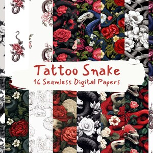 May include: A digital paper pack with 16 seamless patterns featuring a tattoo style snake and roses. The patterns are in various color combinations, including black and white, red and black, and blue and white.