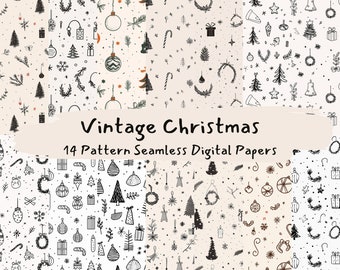 Puede incluir: Un conjunto de 14 papeles digitales con ilustraciones navideñas vintage. Los papeles son sin costuras y presentan una variedad de elementos festivos, incluyendo árboles, adornos, coronas, estrellas y copos de nieve. Las ilustraciones son en blanco y negro y tienen un estilo dibujado a mano.