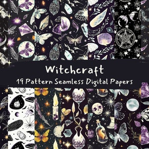 May include: A set of 19 digital paper patterns featuring a whimsical witchy theme. The patterns include illustrations of crystals, moons, stars, butterflies, and other magical elements in a dark blue and purple colour scheme.