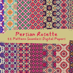 Peut inclure: Un ensemble de 22 papiers numériques avec des motifs sans couture inspirés des motifs de rosette persans. Les motifs sont de différentes couleurs, notamment le rouge, le bleu, le vert, le jaune et le blanc.