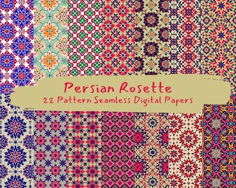Könnte beinhalten: Ein Set mit 22 digitalen Papieren mit nahtlosen Mustern, inspiriert von persischen Rosetten-Designs. Die Muster sind in verschiedenen Farben gehalten, darunter Rot, Blau, Grün, Gelb und Weiß.