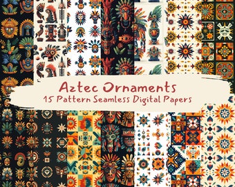 May include: A set of 15 digital papers featuring colourful Aztec-inspired patterns. The patterns include geometric shapes, stylised figures, and traditional motifs. The papers are perfect for crafting, scrapbooking, and digital design projects.