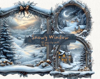 May include: A set of 15 digital clip art images featuring snowy winter scenes viewed through ornate windows. The images include a moonlit night, a sunset over a snowy mountain range, and a cozy cabin with a snowy path leading to it. The text "Snowy Window" and "15 png clip arts" is included in the image.