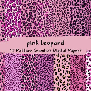 May include: A set of 15 digital papers featuring pink and purple leopard print patterns. The patterns are seamless and can be used for a variety of projects.