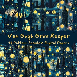 May include: Digital paper set featuring a dark, stylized forest scene with Grim Reaper figures, trees, and glowing orbs. The text "Van Gogh Grim Reaper" and "14 Pattern Seamless Digital Papers" is displayed on a dark blue banner.