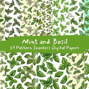 May include: A set of 29 digital papers featuring seamless patterns of mint and basil leaves in various colors and styles. The patterns are perfect for crafting, scrapbooking, and other creative projects.