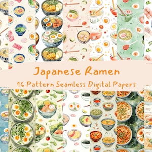 May include: A digital paper pack with 16 watercolor patterns featuring bowls of Japanese ramen noodles. The patterns are on a white background and include various toppings like eggs, seaweed, and green onions. The text "Japanese Ramen 16 Pattern Seamless Digital Papers" is at the bottom of the image.