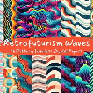 May include: A set of 16 digital paper patterns featuring retrofuturistic waves in various colors and styles. The patterns are seamless and can be used for a variety of creative projects.