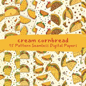 Puede incluir: Un conjunto de 15 papeles digitales con un patrón sin costuras de tacos amarillos y marrones dibujados a mano con varios ingredientes. Los papeles son perfectos para proyectos de manualidades, scrapbooking y diseño digital. El texto "cream cornbread 15 Pattern Seamless Digital Papers" se muestra en una pancarta amarilla.