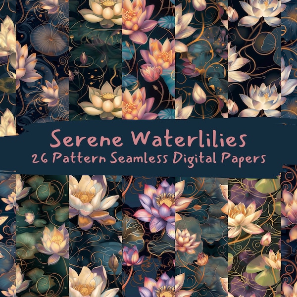 Serene Waterlilies Pattern Seamless Digital Papers - descarga instantánea de papel de álbum de recortes imprimible, uso comercial, 300 ppp