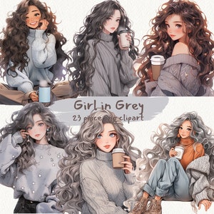 Pacchetto di clipart stampabili digitali di ragazza in maglione grigio in formato PNG con sfondo trasparente, download immediato per uso commerciale