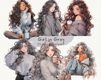 Girl in Grey Sweater digital printable clipart bundle in PNG format transparent background instant download for commercial use