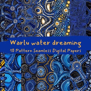 Può includere: 18 motivi digitali senza cuciture in blu e bianco con un design geometrico ripetitivo. I motivi sono ispirati all'arte aborigena e presentano punti, linee e vortici. Il testo "Warlu water dreaming" è scritto in bianco su uno sfondo blu.