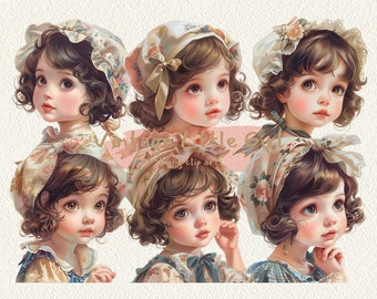 Vintage Little Girl digital printable clipart bundle in PNG format transparent background instant download for commercial use