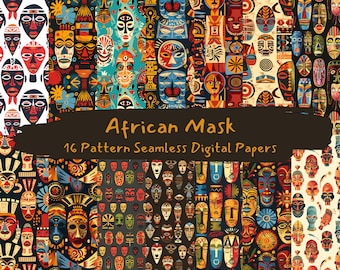 African Mask Pattern Seamless Digital Papers - printable scrapbook paper instant download, commercial use, 300dpi