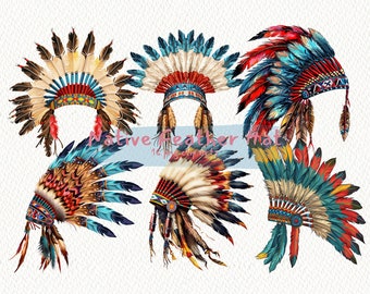 May include: Six colorful Native American headdresses with feathers in shades of red, blue, yellow, and brown. The headdresses are arranged in a semi-circle.