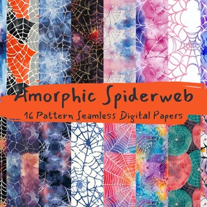 May include: A collection of 16 digital papers featuring seamless patterns of spiderwebs in various colors and styles. The patterns include white spiderwebs on a black background, red spiderwebs on a white background, and blue spiderwebs on a white background. The text "Amorphic Spiderweb 16 Pattern Seamless Digital Papers" is displayed at the top of the image.