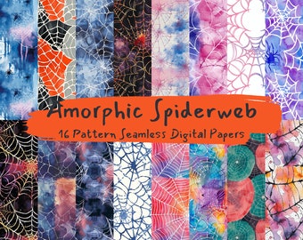 May include: A collection of 16 digital papers featuring seamless patterns of spiderwebs in various colors and styles. The patterns include white spiderwebs on a black background, red spiderwebs on a white background, and blue spiderwebs on a white background. The text "Amorphic Spiderweb 16 Pattern Seamless Digital Papers" is displayed at the top of the image.