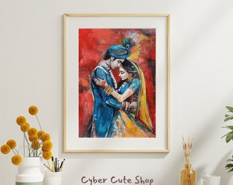 Sacred Love Embrace - Krishna and Radha Digital Art | Vibrant Printable Wall Art Download | Boho Home Decor | Instant Mandala Design