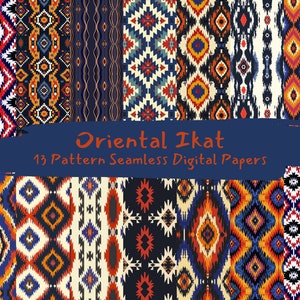 May include: A set of 13 digital papers featuring colorful, geometric patterns in shades of red, orange, blue, and white. The patterns are inspired by traditional ikat textiles and are perfect for crafting projects, scrapbooking, and digital design.