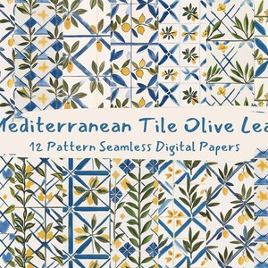 May include: A collection of 12 seamless digital papers featuring a Mediterranean tile design with olive leaves and lemons. The tiles are in shades of blue, yellow, and green, creating a vibrant and artistic pattern. The text "Mediterranean Tile Olive Leaf" is displayed.