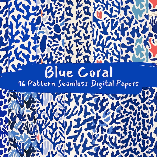 Blue Coral Pattern Seamless Digital Papers - printable scrapbook paper instant download for commercial use, 300dpi