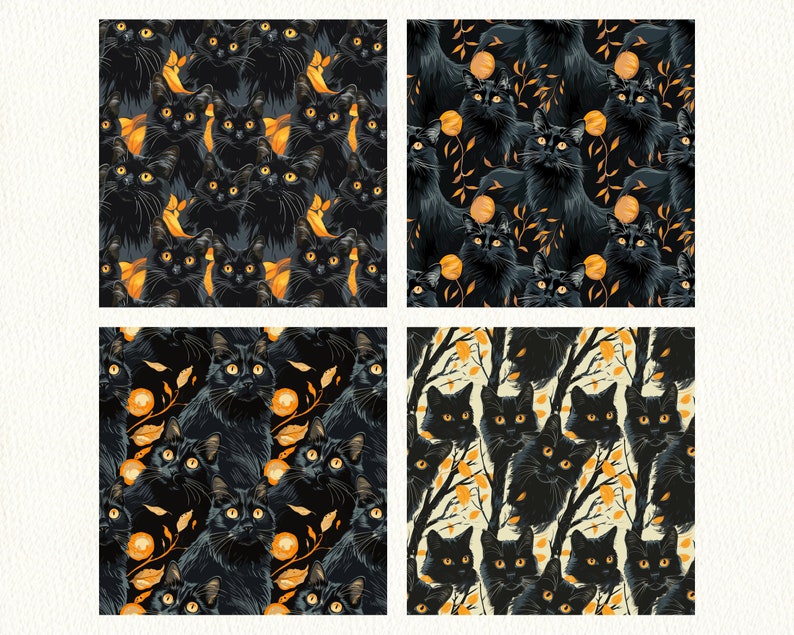 Black Cat Pattern Seamless Digital Papers - printable scrapbook paper instant download, commercial use, 300dpi image 2