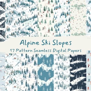 Può includere: Un set di 17 motivi di carta digitale che presentano una scena invernale di una pista da sci alpina con sciatori, alberi e neve. I motivi sono senza cuciture e possono essere utilizzati per lo scrapbooking, la creazione di biglietti e altri progetti di artigianato.